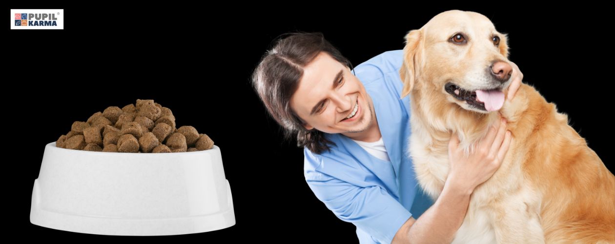 Ustal z lekarzem weterynarii zmianę diety. Na czarnym tle zdjęcie suchej karmy w białej misce i uśmiechniętego lekarza z psem. Po lewej logo pupilkarma. 